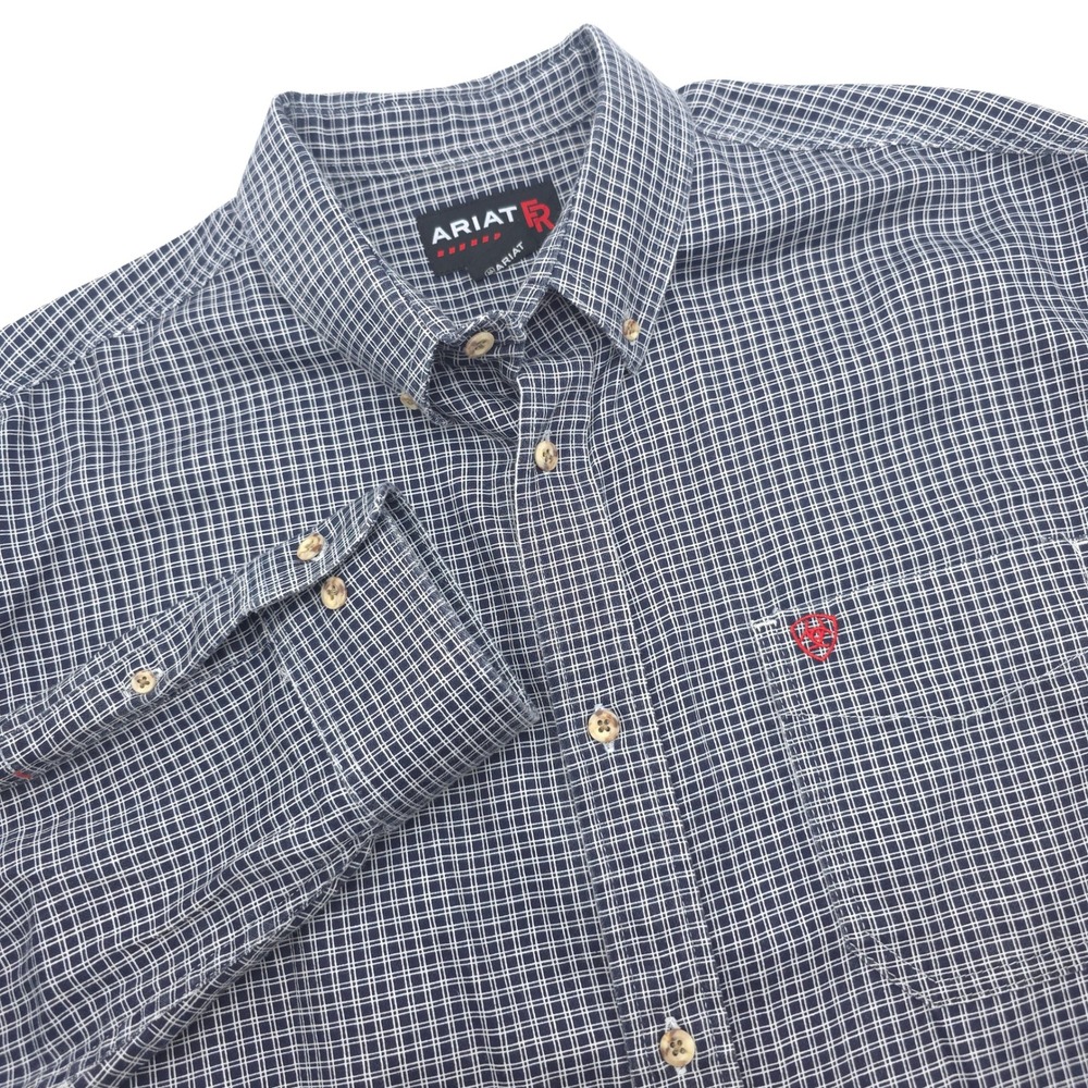 Ariat FR Mens XXL Navy Blue Grid Plaid Flame Resistant Work Shirt CAT 2 2112